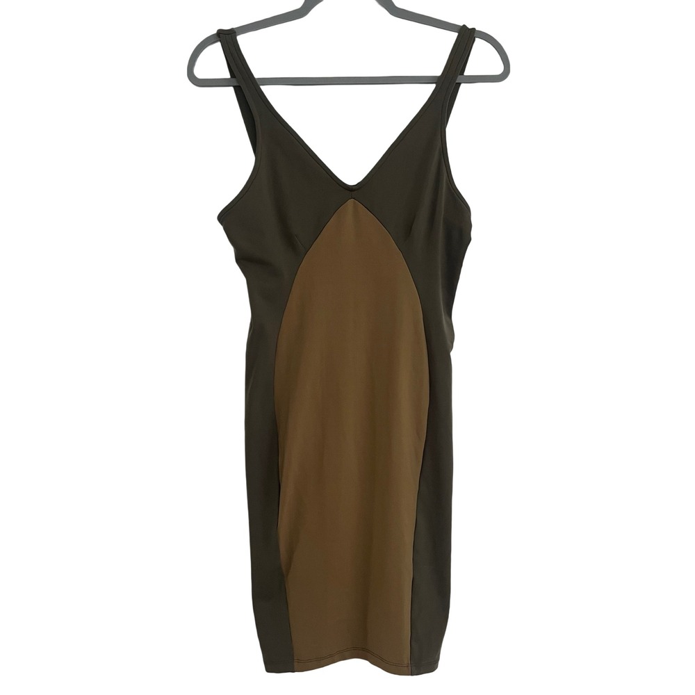 David Lerner Colorblock Bodycon Dress Womens Medium Olive Brown New Mini V-Neck